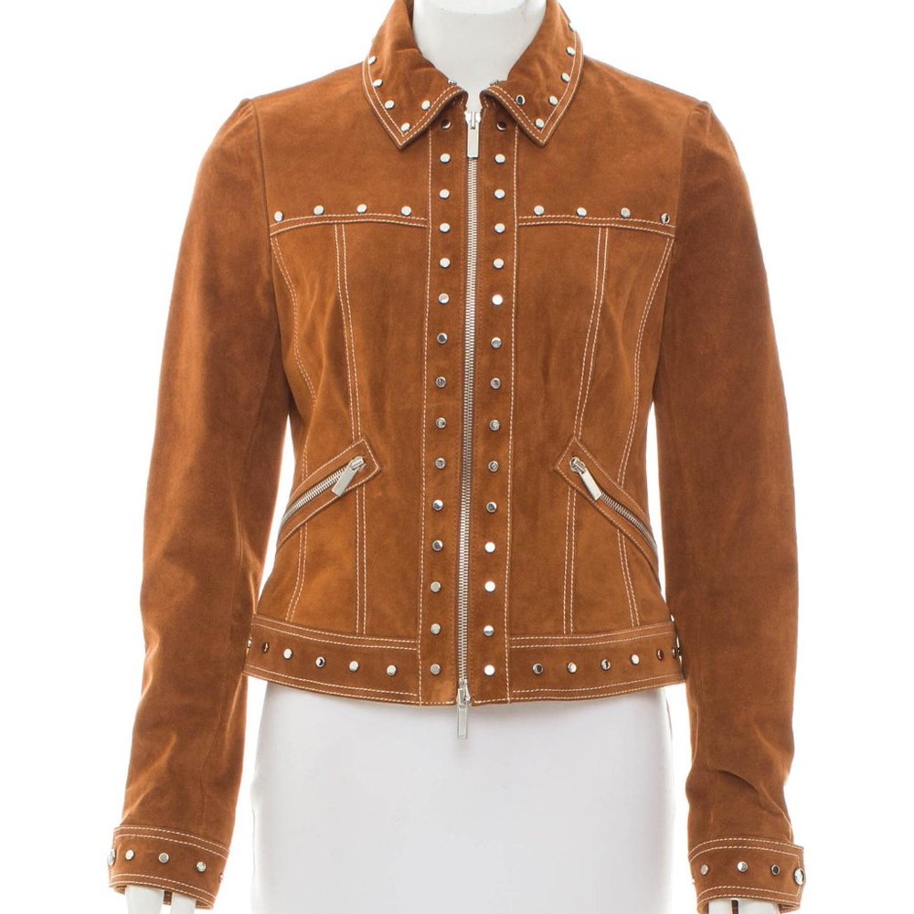 NWT Karen Millen Caramel Suede Stud Jacket US 6